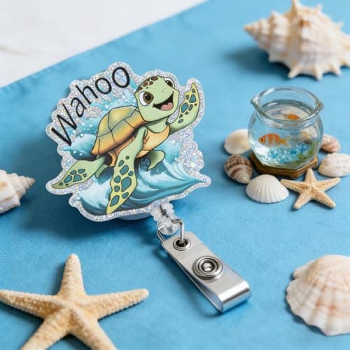 Funny Sea Turtle Nurse Badge Reel, Cute Badge Reel Clip Retractable for Student RN LPN CNA Medical Worker Teacher ID Card Holder Badge Pediatric Badge Buddy, Coastal Spring Summer Ocean Nurse Gifts - Thumbnail 5