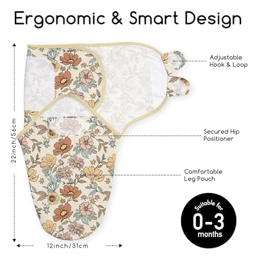 CIVARUA KIDS Baby Swaddles for Newborn Organic Cotton,Soft & Snug Newborn Velcro Swaddle 0-3 Months Sleep Sack Helps Calm Startle Reflex, 2-Pack Wrap Nursery Swaddling Blankets Retro Floral - Thumbnail 2