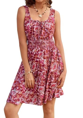 Women Summer Floral Short Dress 2026, Casual Sleeveless Mini Boho Rose Red Pink Dress, Tiered Ruffle Swing Babydoll Dresses S - Image 1