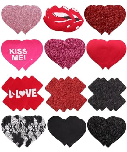 HISKFUN Glitters Pasties Nipple Covers for Women Disposable Sticky Breast Petals for Rave Party 12 Pairs(Black & Red) - Image 1