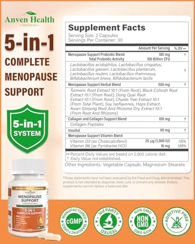Anven Health Menopause Supplements for Women, Vitamin D3 & B6, Menopause Relief Probiotics Supports Hot Flashes, Night Sweats, Bloating & Gut Health with Black Cohosh, Herbs, Collagen | 60 Veggie Caps - Thumbnail 2