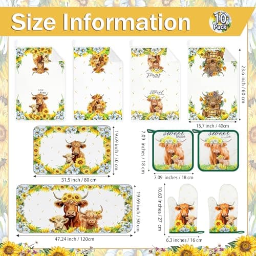 Vetoxka 10 PCS Highland Cow Decor Kitchen Accessories - Sets 4 Dish Towels 2 Pot Holders 2 Oven Mitts 2 Rugs for Home Sweet Home Sunflower Cattle Bathroom Cooking Farmhome Housewarming Baking Gifts - Thumbnail 3