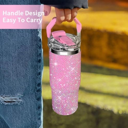 30oz Bling Rhinestone Studded Tumbler with Top Handle, Bling Cups Stainless Steel Water Bottle Diamond Glitter Tumbler for Women - Birthday Gifts for Women, Mom,Get Well Soon Gifts (Pink) - Thumbnail 4