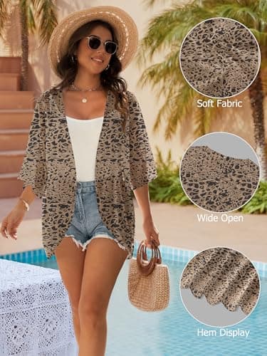 GKBK Woman Floral Print Puff Short Sleeve Shawl Chiffon Kimono Cardigan Loose Fit Swimsuit Coverup Summer Beach Blouse Boho Tops Beachwear Capes Swimwear Ladies Shirts Dressy Casual Clothes Leopard M - Thumbnail 4