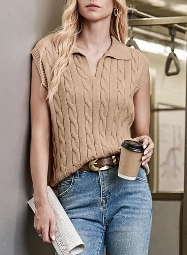 Dokotoo Sweater Vest V Neck Lapel Collar Cable Knit Women Vest Cable Knit Spring Tops for Women 2025 Summer Sweaters Khaki Large - Thumbnail 3