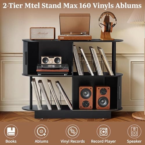 Modern Record Player Stand With Vinyl Storage, 40" Black Turntable Storage Stand with Sliding Door & Record Holder, Corner Rock Jazz BluesMusic Organize Cabinets for Living Room (Black, No-Socket) - Thumbnail 5