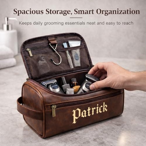 Xpanrous Personalized Travel Toiletry Bag - Hanging Toiletry Bag for Men Water Resistant Leather Shaving Bag with Large Capacity for Travel, Custom Engraving Gift for Husband Dad (Light Brown) - Thumbnail 3