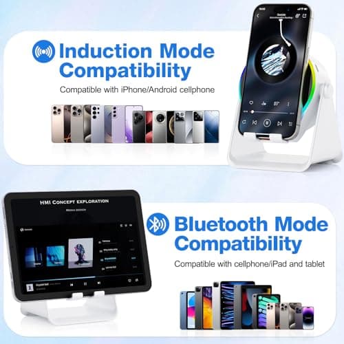 TARKARI Wireless Induction Speaker, 5 in 1 Bluetooth Speaker, 360° Rotation Cell Phone Stand and Colorful Ambient Light, Compatible with iPhone iPad Android Tablet, Birthday Gifts for Men Women Him - Thumbnail 5