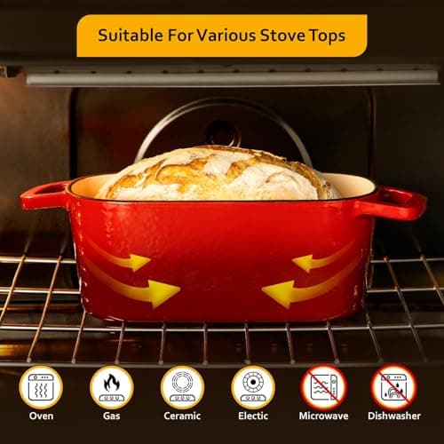 Velaze 3.6QT Dutch Oven for Bread Baking,Oval Cast Iron Enameled Bread Oven Pan with Lid and Offset Handles,Oven Safe to 500°F for Homemade Sourdough Bread(Red) - Thumbnail 4