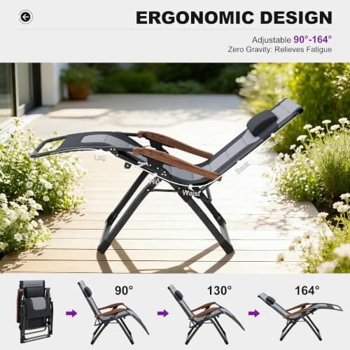 PURPLE LEAF Oversized Outdoor Reclining Chair Patio Zero Gravity Chaise Lounge Folding Chair with Quilted Cushion Adjustable Headrest for Lawn Camping Beach Pool Black and Grey - Thumbnail 5