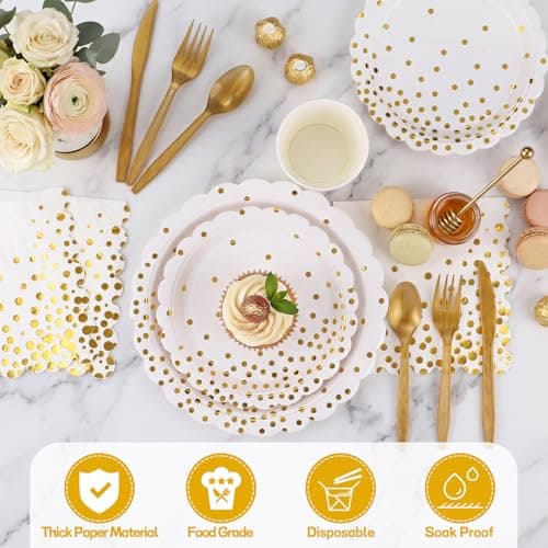Xiangqu 175 Pcs White and Gold Paper Plates and Napkins, Disposable Gold Party Dinnerware Include Scalloped Party Plates Napkin Cups Plastic Cutlery for Birthday Wedding Graduation Congratulations - Thumbnail 3