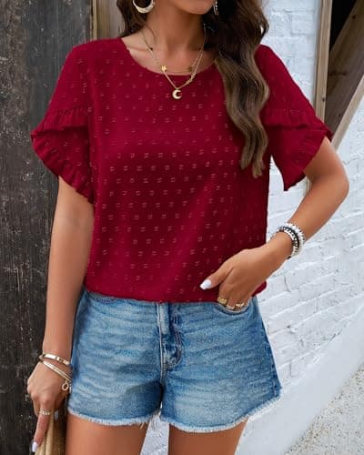 PRETTYGARDEN Women's Tops 2026 Summer Ruffle Short Sleeve Crewneck Blouses Swiss Dots Solid Loose Tunics Work Shirts(Wine Red,X-Large) - Thumbnail 5