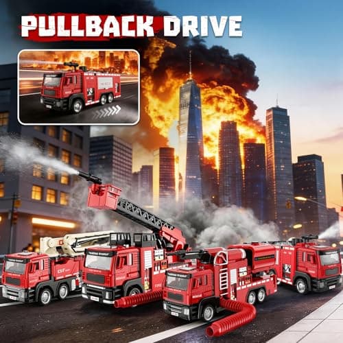 ADTHLIER 2 Pack Die-Cast Fire Truck 2 Pack, 1:50,Smoke Exhaust Water Spray Truck & Aerial Ladder Truck, with Lights & Sounds, for Kids 3-9 - Thumbnail 2