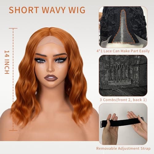 Uioxvn Ginger Orange Short Wavy Synthetic Wig Lace Hairline Bob Style Heat Resistant Fiber Wigs for Women Shoulder Length Copper Middle Part Natural Appearance Everyday Hairstyle 14 Inch - Thumbnail 2