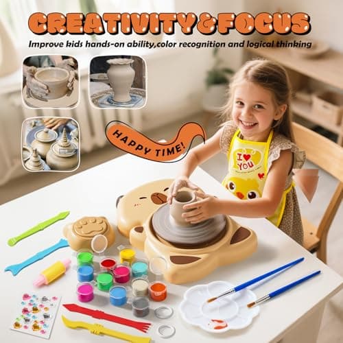 Skirfy Mini Pottery Wheel Machine Kit for Beginners Kids with Light,Electric Ceramic Wheel with Foot Pedal&Painting Kit, Adjustable Speed,Clay Spinner DIY Tools for Art Craft Birthday (Brown) - Thumbnail 3