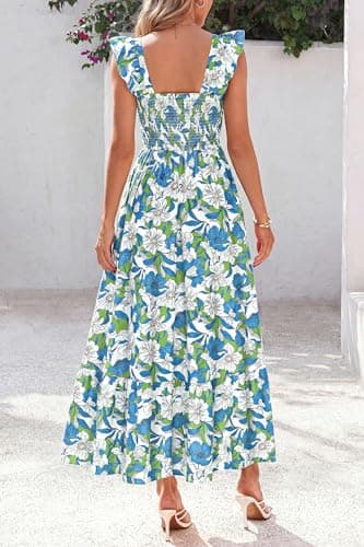 dowerme Womens Summer Dresses 2026 Ruffle Sleeve Square Neck Floral Boho Midi Dress Spring Smocked Beach Party Sundress(Floral Blue Green,X-Large) - Thumbnail 5