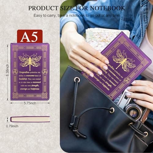QDWXDEL Dragonfly Gifts for Women,Journal for Women,A5 Hardcover Leather Journal - 200 Pages Premium Paper Notebook, Journal Notebook for School, Work (Dragonfly Purple) - Thumbnail 2