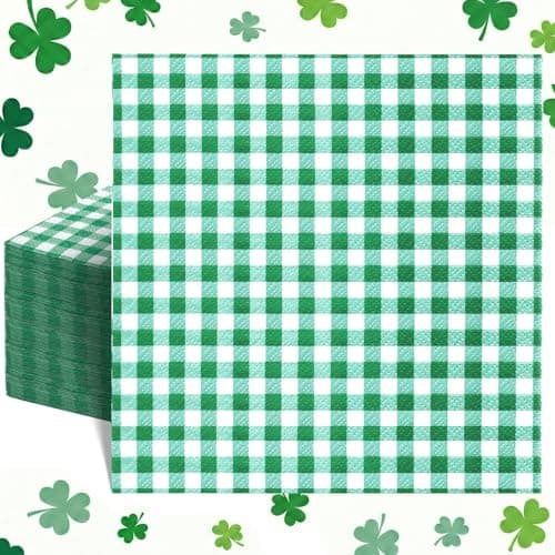 NatNarr 80 Pcs Gingham Napkins, 6.5X6.5 Inch St Patricks Day Napkins Disposable Green and White Checkered Napkin for St Patrick's Day, Golf Party, Picnic