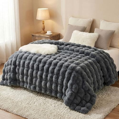 DREAMNINE Soft Faux Bubble Rabbit Fur Blanket Full Size, Thick Cozy Decorative Warm Fuzzy Fur Blanket for Bed Couch Sofa Chair Bedroom Living Room Dorm Gift, 70 * 80 Inches, Grey - Image 1