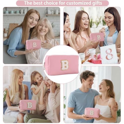 Makeup Bag Initial Preppy Patch Bag,Small PU Leather Travel Cosmetic Bag Pouch with Zipper, Pink Cute Toiletry Bag,Gift Ideal for Teen Girls Women Birthday Friend Mom, Latter B - Thumbnail 6