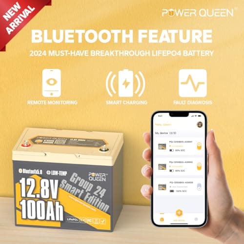 Power Queen Bluetooth 12V 100Ah LiFePO4 Battery with 14.6V40A LiFePO4 Battery Charger, Group 24 Deep Cycle Battery, 100A BMS with Low-Temp Cut-Off Protection for RV, Trolling Motors, Solar System - Thumbnail 2