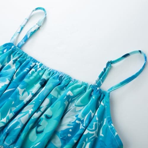 GRACE KARIN Summer Dresses for Women 2026 Vacation,Smocked Floral Maxi Dresses,Boho Beach Long Sundress Blue Green S - Thumbnail 6
