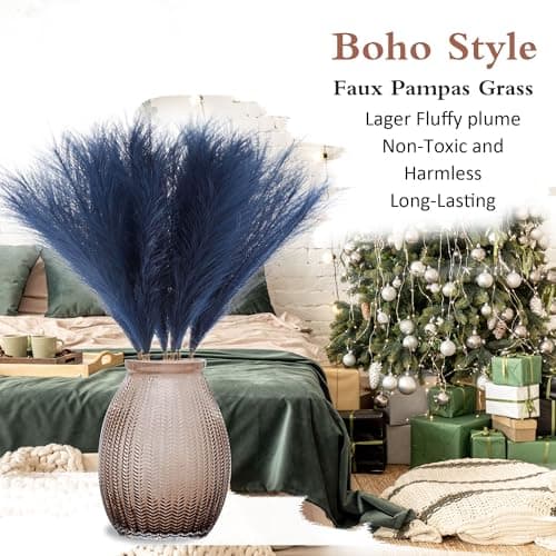 Acfruits Navy Blue Faux Pampas Grass Large Fluffy 27.6Inch Tall, 6Pcs Artificial Fake Flower Boho Decor Bulrush Reed Grass for Vase Filler Farmhouse Home Wedding Decor - Thumbnail 5
