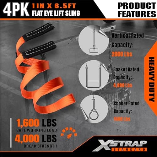 XSTRAP STANDARD 4PCS 1" x6.5ft Lifting Sling 1-Ply Red Web Strap, 2000 LBS Vertical (907 KG), 1600 LBS Choker (725 KG), 5:1 Safety Factor, Twist Eye Polyester Slings for Rigging Hoist Recovery Tree - Thumbnail 5