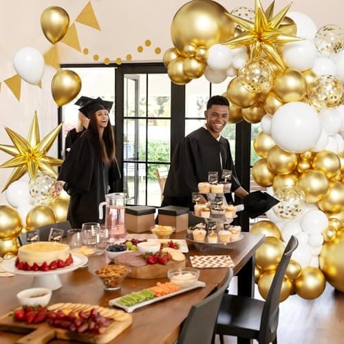 White and Gold Balloon Arch Kit, 130Pcs White and Gold Graduation Decorations with Gold Foil Star Confetti Balloons for College High School Graduation Decorations Class of 2026 - Thumbnail 4