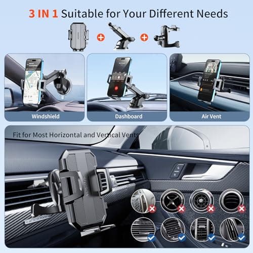 SUUSON Upgraded 3-in-1 Car Phone Holder Mount [Powerful Suction] Phone Mount for Car Dashboard Air Vent Windshield,for All iPhone Android Phone (Black) - Thumbnail 4