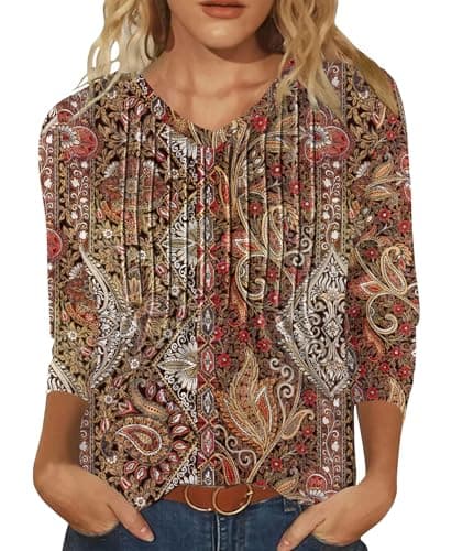 IEEILULU 3/4 Length Sleeve Womens Tops V Neck T Shirts Casual Pleated Tunic for Women Fashion Loose Blouses Brown XL - Image 1