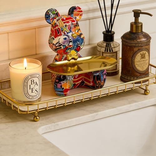 Coniuty Abstract Graffiti Bear Statue with Tray for Candy and Accessory, Eclectic Resin Animal Sculpture Home Decor for Living Room, Office on Table, Shelf and Cabinet (A) - Thumbnail 4