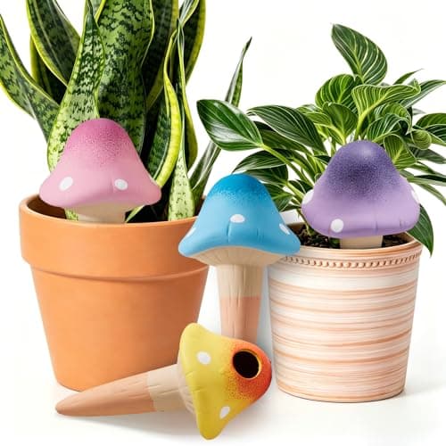 Yeswhat Self Watering Plant Spikes 4 Pack, Terracotta Mushroom Automatic Plant Waterer for Indoor Outdoor Plants, Slow Release Watering Stakes, Vacation Watering Devices for Potted Plants Garden Decor - Image 1