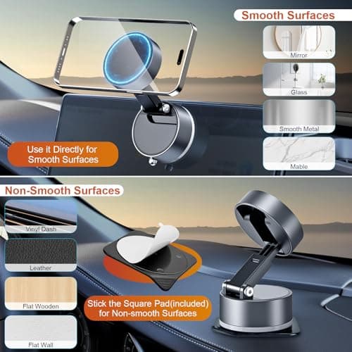 OOCC Vacuum Magnetic Phone Holders for Your Car, 360°Rotating Adjustable Magsafe Car Phone Mount, Foldable Magnetic Car Phone Holder for All Smartphones & All Car Models, Silver Grey - Thumbnail 6