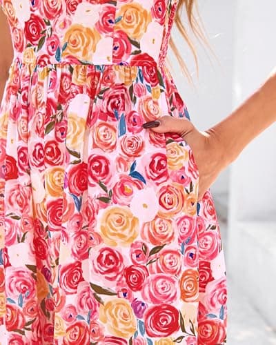 dowerme Summer Dresses for Women 2026 Casual Ruffle Smocked Tiered A-Line Boho Floral Maxi Beach Sun Dress with Pockets(Light Apricot Pink Flower,Small) - Thumbnail 6