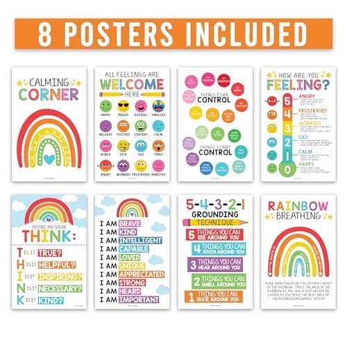 Hadley Designs Calming Corner Posters for Classroom Decor -8 Calm Down Corner Supplies Classroom Must Haves, 11x17 Feelings Emotions Chart for Kids, Rainbow Mental Health Posters for School Counselors - Thumbnail 3