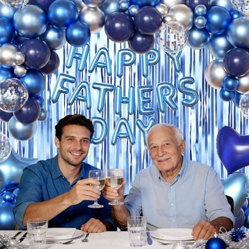 Happy Fathers Day Decorations, Metallic Blue Dark Blue Silver Foil Confetti Balloons Blue Fringe Curtains Banner for Father's Day Party Decorations - Thumbnail 6