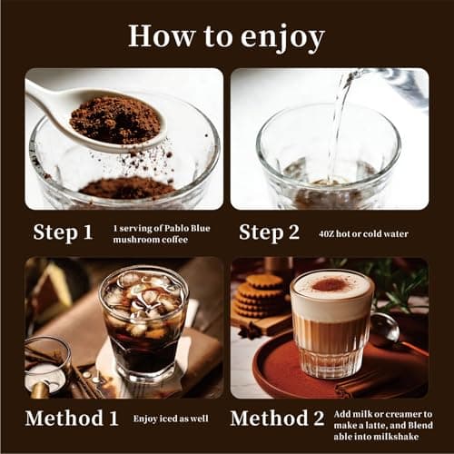 Pablo Blue Instant Mushroom Coffee & Collagen Coffee with 10 Organic Mushrooms – Lion’s Mane, Chaga, Reishi, L-Theanine in Mushroom Instant Coffee for Focus, Skin, Gut Health & Immunity, 30 Serv. - Thumbnail 5