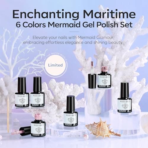 modelones Pearl Gel Nail Polish Set, 6 Colors 2026 Spring Aurora Iridescent Shimmer White Pink Purple Mermaid Nail Drawing Glitter Gel Polish LED Swirl Shell Thread Effect with Dotting Pen DIY Gift - Thumbnail 5