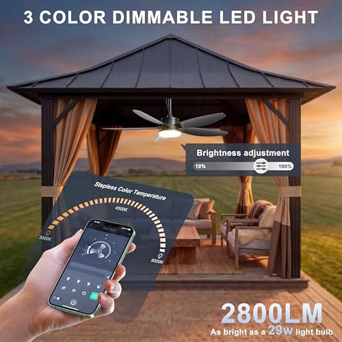 Phylluz Outdoor Ceiling Fan with Lights, 48 Inch Plug in Gazebo Fans with Remote APP Control, Quiet DC Motor, Dimmable 3CCT, Waterproof Hanging Fans for Patios, Porch, Black - Thumbnail 4