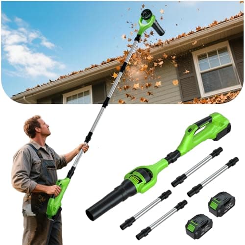 Hooseen Roof Gutter Cleaning from The Ground, 21V Leaf Blowers Cordless with 2 Battery, Adjustable Pole (98inch)3 Speed Modes 500CFM/180MPH for Gutter Cleaner Extension Attachment Kit for Garden,House - Image 1