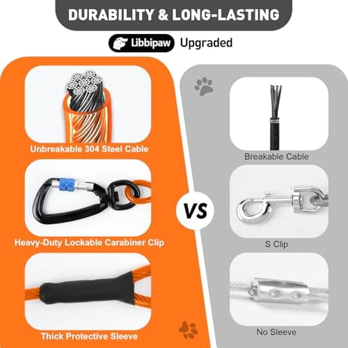 Libbipaw Dog Tie Out Cable 30FT Heavy Duty Chew Proof, Tangle-Free Runner with 360° Swivels & Locking Clip for Large Dogs Up to 250LBS - Rust Proof Leash for Yard, Camping, Outside (Orange 30FT) - Thumbnail 4