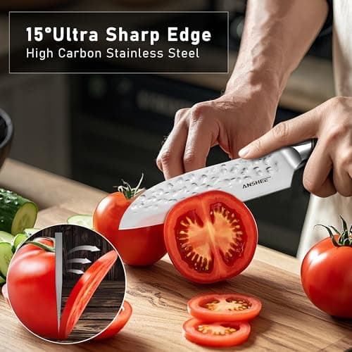 anshee 5 Inch Japanese Santoku Knife & Paring Knife - Hammered Anti-Stick High Carbon Steel Chef Knives, Ergonomic Handle for Fruits/Tomatoes/Meat with Sheath & Gift Box (Home & Professional Chefs) - Thumbnail 4