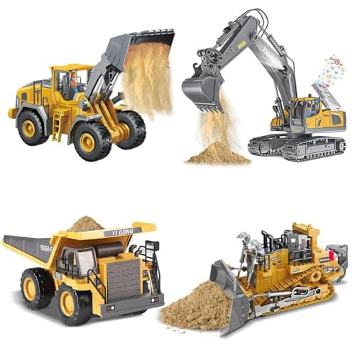ADTHLIER Remote Control Excavator (11-Channel), Dump Truck, Bulldozer, Loader (9-Channel), 2.4GHz Remote Control Construction Vehicles, Metal Construction, with Cool Lights and Sound Effects, 4-Pcs - Image 1
