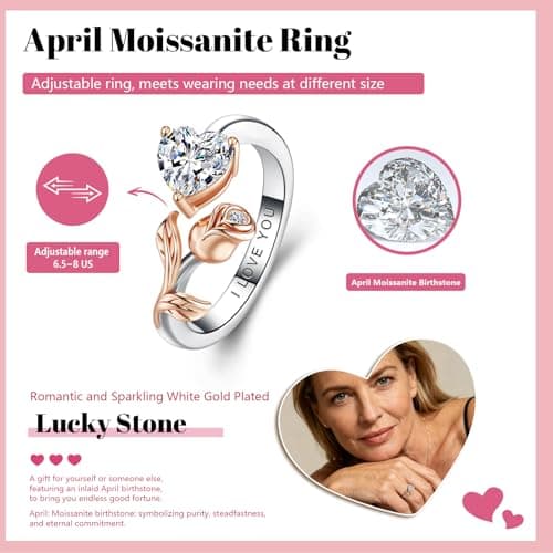 1CT Rose Heart Adjustable Ring 6.5~8 Ring Moissanite/Lab Created Ruby/Emerald And More VVS1 D Clarity 18K White/Rose Gold Gift for Wife Mother Daughter Birthday Wedding Engagement Christmas Anniversary Mothers Day Gift for Mom Bride - Thumbnail 5