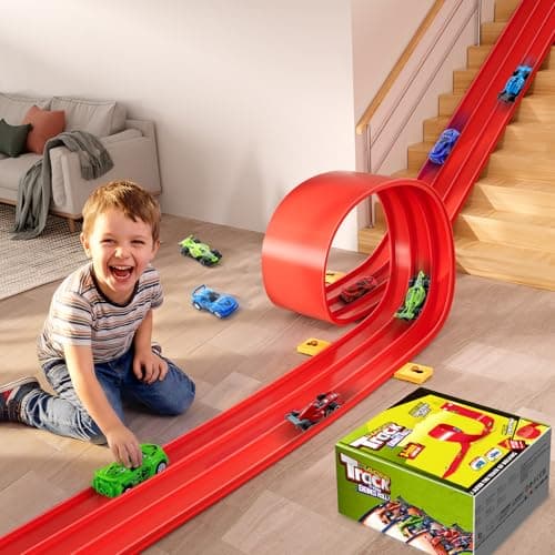 Zyllver 3-Lane Flexible Race Car Track for Kids - 16.4 Ft Race Track Toy with Strong Suction Cups, Roll-Up Portable DIY Racetrack Compatible with 1/64 Diecast Cars - Image 1