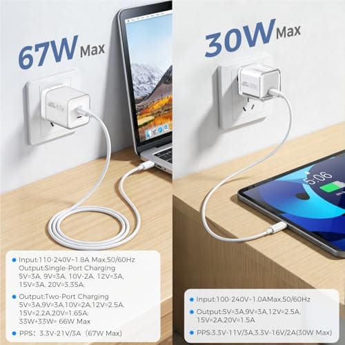 USB C Charger Block,GaN PD 3.0 67W 30W Fast Charging Wall Charger,Compact PD/PPS for Laptops MacBook Air/Pro,Dell XPS 13,HP,iPad Pro/iPhone 17/16/15 Pro Max,Galaxy S25/S24,Support 65W 60W 45W [2-Pack] - Thumbnail 3