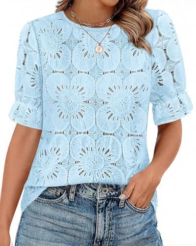 KIRUNDO Lace Tops for Women Blouses Dressy Casual Boho Eyelet Puff Short Sleeve Shirts Spring Summer Clothes Vacation Outfits(Baby Blue, XX-Large) - Image 1