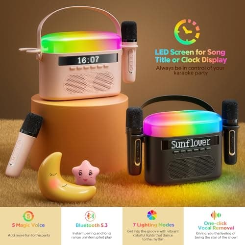 Karaoke Machine for Kids & Adults with 2 Wireless Mics 2400mAh Portable Bluetooth Karaoke Speaker with Timer White Noise & Night Light High Power Dual Speaker LED Display Home & Outdoor Party - Pink - Thumbnail 5