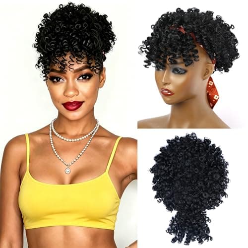 Servintha Kinky Curly Drawstring Ponytail Extension for Black Women Afro Puff Drawstring Ponytail with Bangs Natural Black Short Pony Tail Hair Extension Synthetic Fake Hair Pieces 1B Color